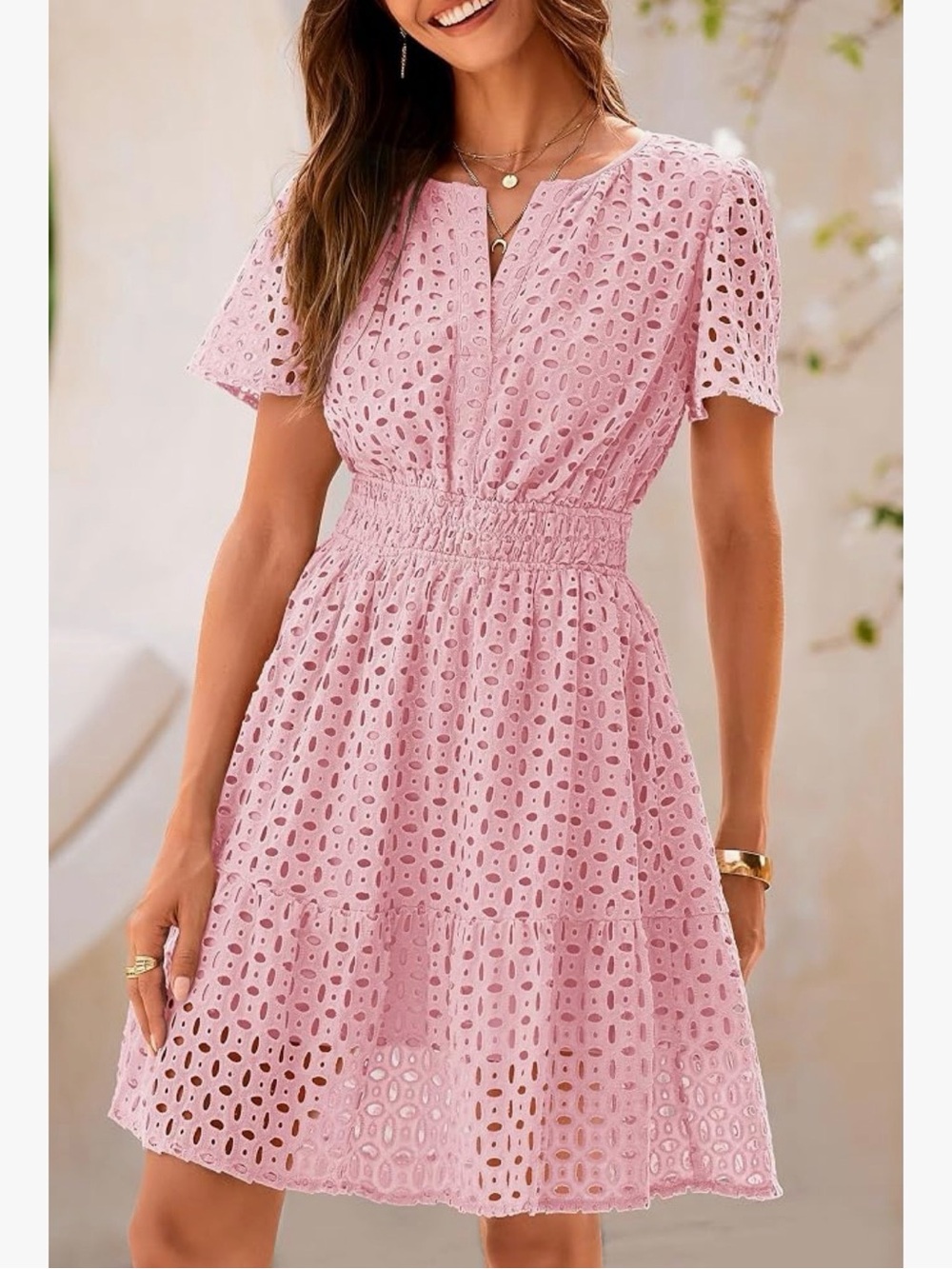 PRETTYGARDEN V Neck Short Sleeve A Line Hollow Out Lace Dress - Picture 5 of 13